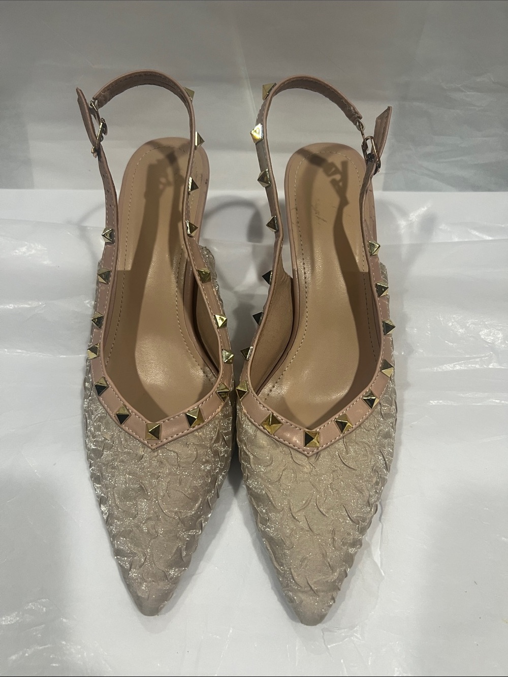 Stud-Trim Lace Pointed Slingback Flats in Blush